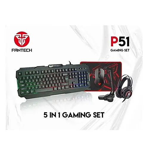 FANTECH P51 USB Wired Black Gaming Keyboard, Mouse, Mouse Pad, Headphone & Headset Stand Combo