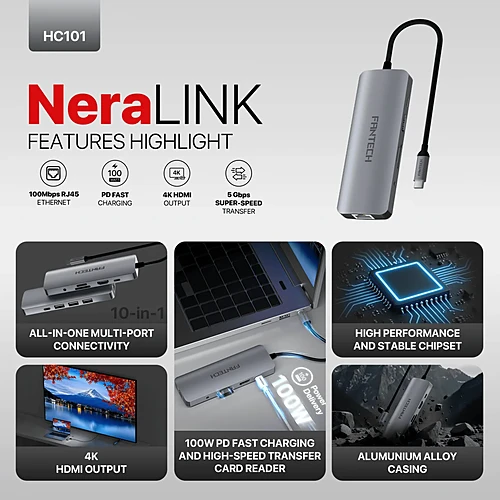 FANTECH HC101 NeraLink 10-in-1 USB-C Multifunctional Docking Station Hub