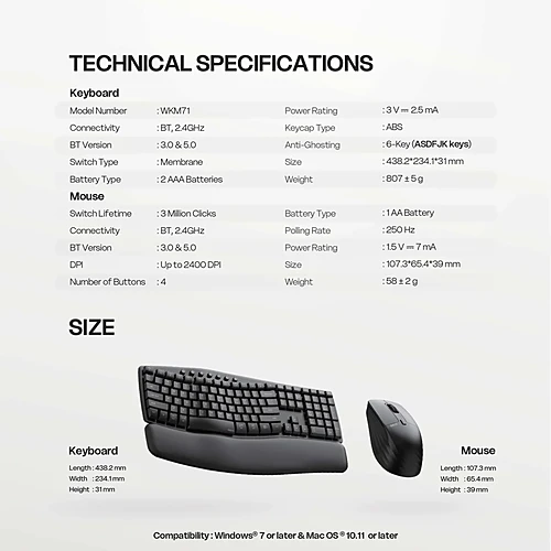 FANTECH WKM71 Aera Wireless Ergonomic Keyboard and Mouse Combo
