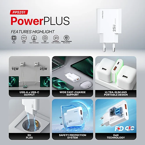 FANTECH PPS251 PowerPLUS 25W 2 Ports GaN Charger (PD+QC)