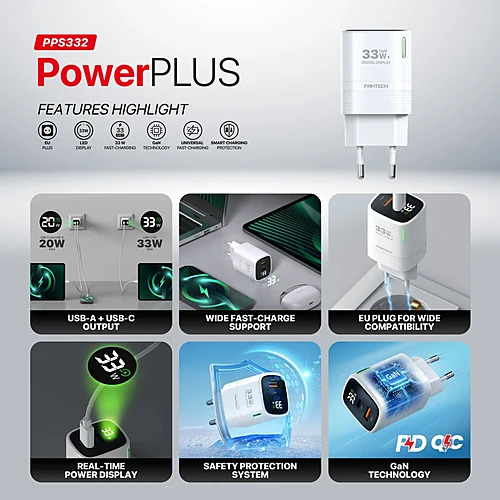 FANTECH PPS332 PowerPLUS 33W 2-Ports GaN Charger (PD+QC)